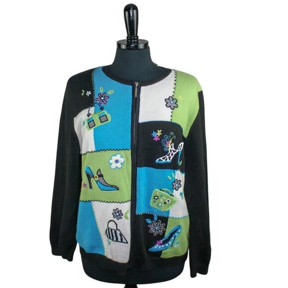 Vintage Alfred Dunner Patchwork Cardigan Sweater Full Zip Shoes Purse - Picture 1 of 4